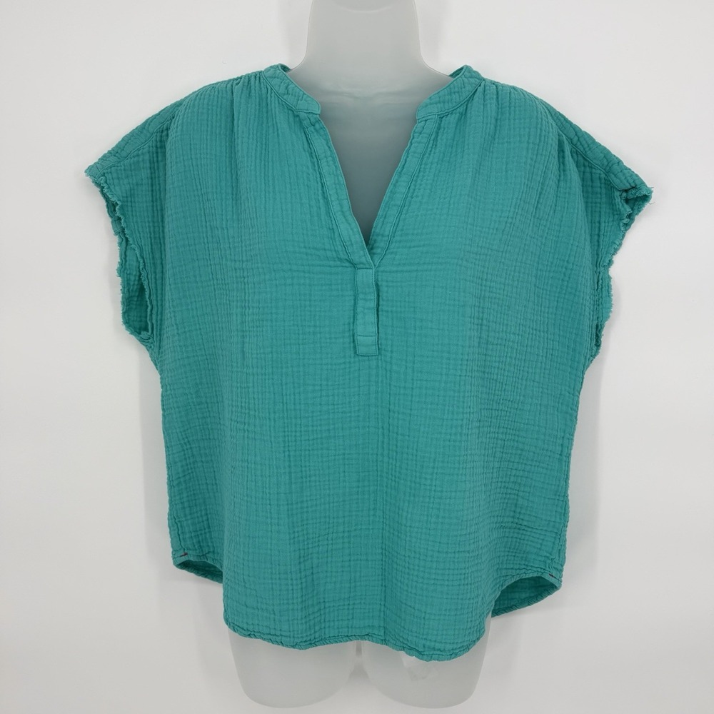 Xirena Sz M Teal V Neck‎ Short Sleeve Top Popover Cotton Gauze Cap Sleeve Blouse - Picture 2 of 7